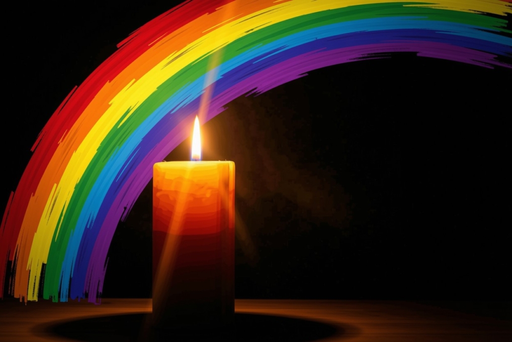 Kerze vor dem Pride-Regenbogen